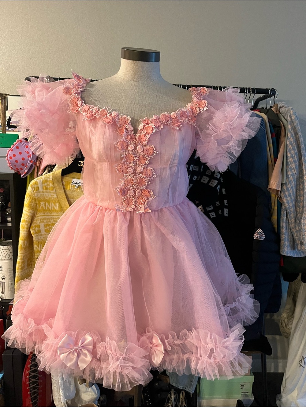 SUGAR THRILLZ 🎀Pink Tulle 🎀Floral Puff Sleeve Party Dress size M 🎀NWT